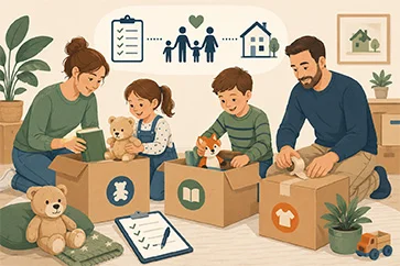Familie mit Kindern beim gemeinsamen Packen von Umzugskartons